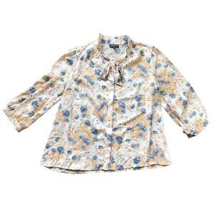 Modcloth Tie Neck Floral Blouse Women's XL‎ Button Front 3/4 Sleeves Business